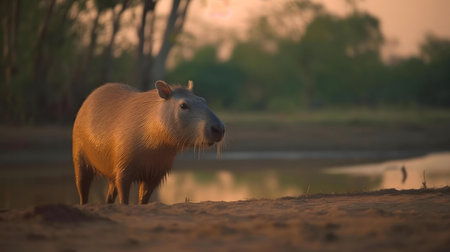 A capybara stands near a tranquil lake at sunset. The golden light illuminates the scene.の写真素材