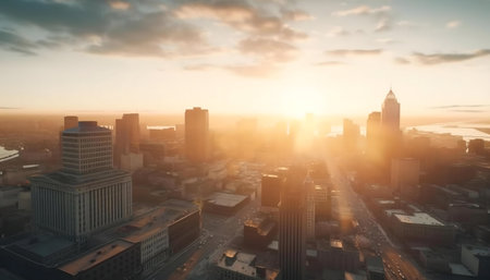 Stunning aerial shot of a city at sunrise, bathed in warm golden light.の写真素材