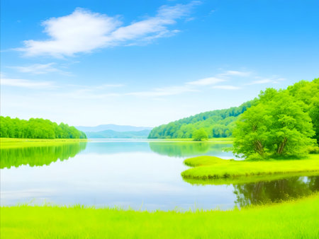 Stunning lake view with lush greenery, reflecting the blue skyの写真素材