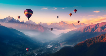 Hot air balloons float over a misty mountain valley at sunrise. A breathtaking view!の写真素材