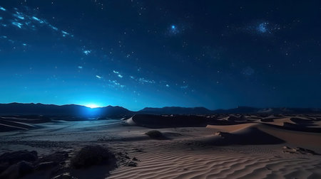 A breathtaking view of a desert landscape at night, stars shining brilliantly above sand dunes.の写真素材
