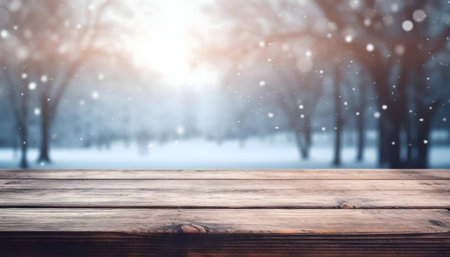 Wooden table in a snowy winter scene. Perfect for product display.