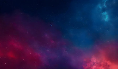 A breathtaking view of a nebula, showcasing vibrant crimson and azure hues, stars scattered throughout.の写真素材