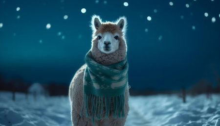 Adorable alpaca wearing a scarf in a snowy night scene.の写真素材