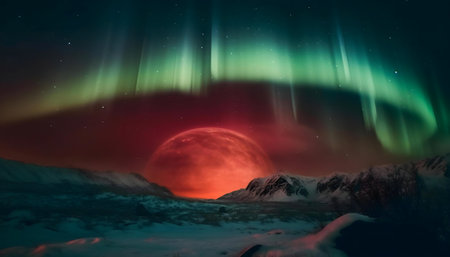 A breathtaking aurora borealis illuminates a blood red moon above a snowy mountain range at night.の写真素材
