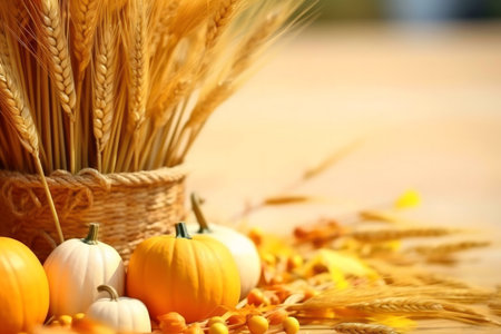 A warm autumn scene with pumpkins and wheat.の写真素材
