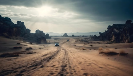 Two SUVs drive across the vast Arabian desert, navigating between striking rock formations under a moody sky.の写真素材