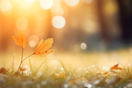 Two golden leaves bathed in sunlight, serene autumn scene.の写真素材