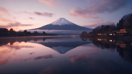 Stunning sunrise reflection of Mount Fuji over a calm lake.の写真素材