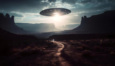 A mysterious UFO hovers over a lone figure walking a desert road in Monument Valley at sunset.
