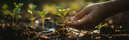 A hand carefully waters young plants, symbolizing growth and care for nature.