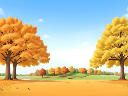 Golden autumn leaves on trees in a park. Peaceful and serene landscape.の写真素材