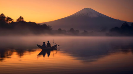 Two figures in a boat on a misty lake at sunrise, with Mount Fuji in the background.の写真素材