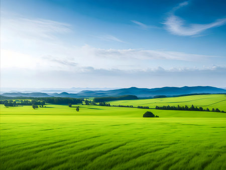 Picturesque green landscape with rolling hills and vast fields under a bright sky.の写真素材