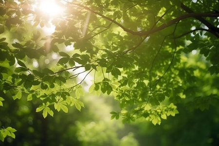 Sunlight filters through vibrant green leaves in a lush forest.の写真素材