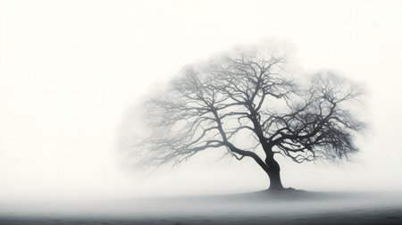 A lone tree stands in a thick fog, creating a serene and peaceful atmosphere. The black and white photography emphasizes the contrast and mood.の写真素材