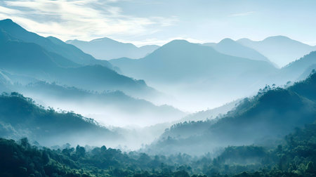 Misty mountains, serene landscape, calm atmosphere
