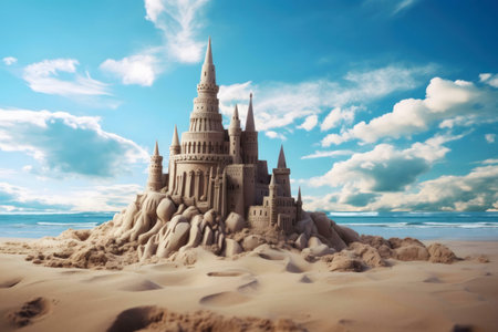 A stunning sandcastle on a beach under a vibrant blue sky.の写真素材