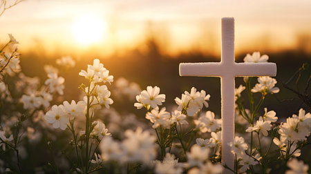 A white cross stands tall amidst a field of delicate white flowers, bathed in the warm glow of a...