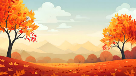 Stunning autumn scene with golden trees, scattered leaves, and misty mountains in the background.の写真素材