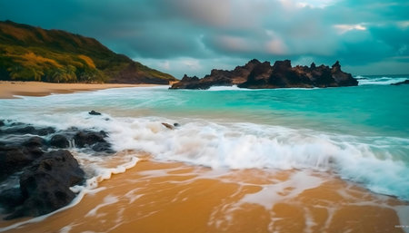 Stunning beach scene with waves, rocks, and a dramatic sky.の写真素材