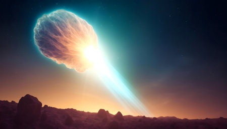 A meteoroid hurtles through space, leaving a bright trail as it collides with a planet's atmosphere.の写真素材