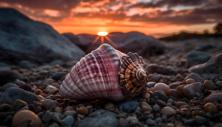 A large seashell rests on a pebble beach during a vibrant sunset.の写真素材