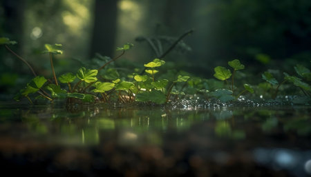 Close-up of plants reflecting in tranquil forest water.の写真素材