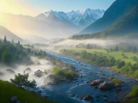 Serene river flowing through misty mountain valley at sunrise.の写真素材