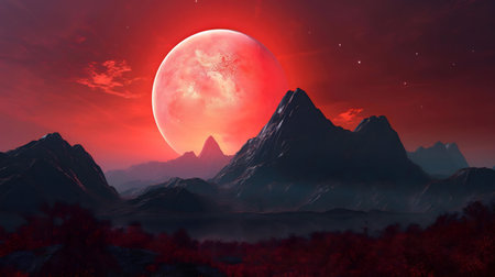 A large red planet rises over a range of dark mountains at night. The sky is a dramatic red color.の写真素材