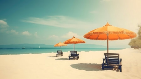 Three beach chairs under orange umbrellas on a white sand beach. Serenity and relaxation.の写真素材