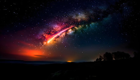 Stunning night sky with a vibrant meteor streaking across the Milky Way.