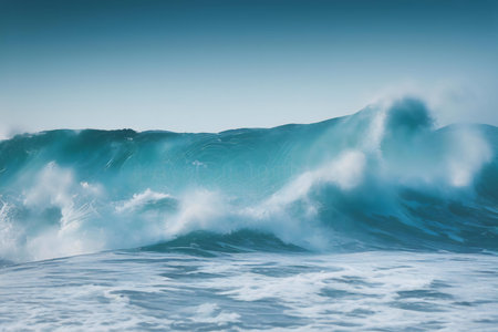 A colossal wave, a teal masterpiece, dominates the ocean. Its power and beauty are captivating.の写真素材