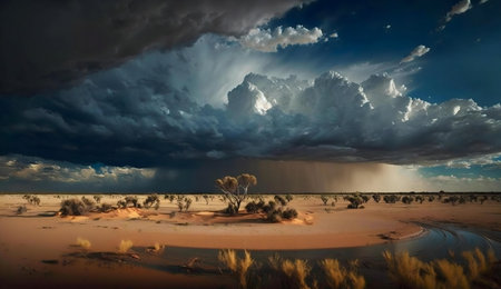 A breathtaking desert landscape under a massive, dramatic storm cloud. Rain falls intensely.の写真素材