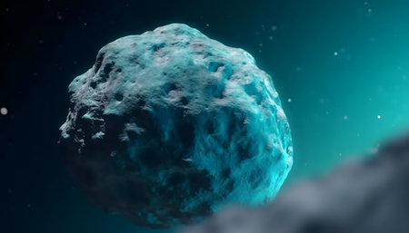 A turquoise comet floats in the dark vastness of space.