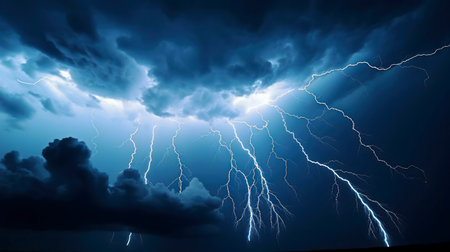 A breathtaking view of a powerful lightning storm at night. Dark clouds illuminate the sky.