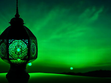 A green illuminated lantern stands against a mystical green night sky.の写真素材