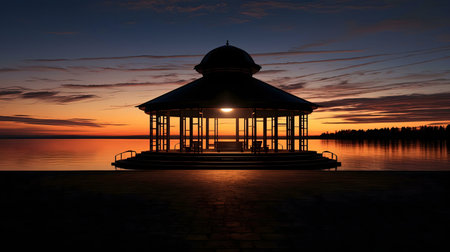 Silhouetted gazebo at sunset over a calm lake. Peaceful scene.の写真素材