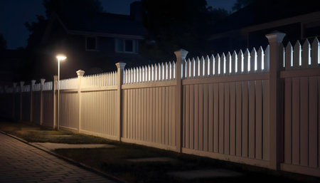 A long white picket fence is brightly lit by a lamppost at night. Peaceful suburban scene.
