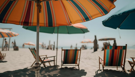 Colorful umbrellas and chairs on a sunny beach.