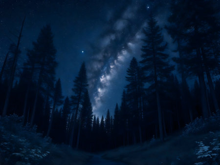 Stunning night sky view of Milky Way over a dense pine forest.の写真素材