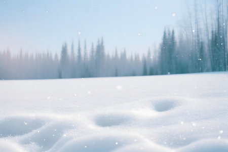 A serene winter scene, showing a snow-covered field with a distant forest.