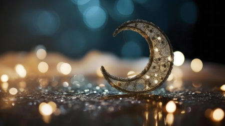 A crescent moon decoration with lights, resting on a glittering surface, creating a magical night scene.の写真素材