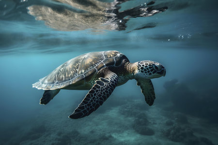 A mesmerizing sea turtle glides gracefully through the ocean's depths.の写真素材
