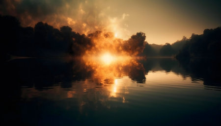 Sunrise over misty lake with reflectionの写真素材