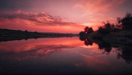 Stunning sunset reflected in a tranquil lake. Peaceful atmosphere.