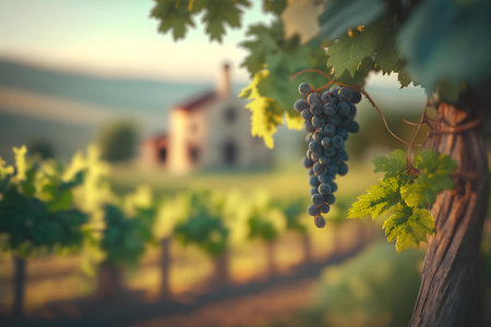 Ripe grapes hanging from a vine in a sunlit vineyard. A farmhouse and rolling hills in the background.の写真素材