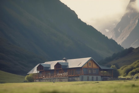 Picturesque mountain lodge nestled in a serene valley. Stunning views of majestic peaks.