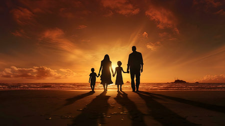 Silhouetted family walking on the beach at sunset.の写真素材