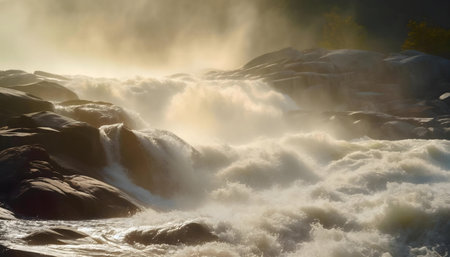 Stunning waterfall at golden hour. Powerful water cascading over rocks.